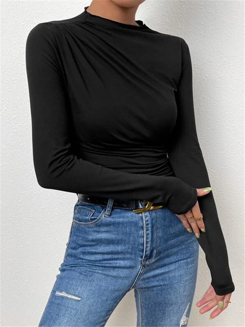 T-shirt à manches longues ajusté pour femmes avec drapé sur le côté et détail drapé Echoarchiv