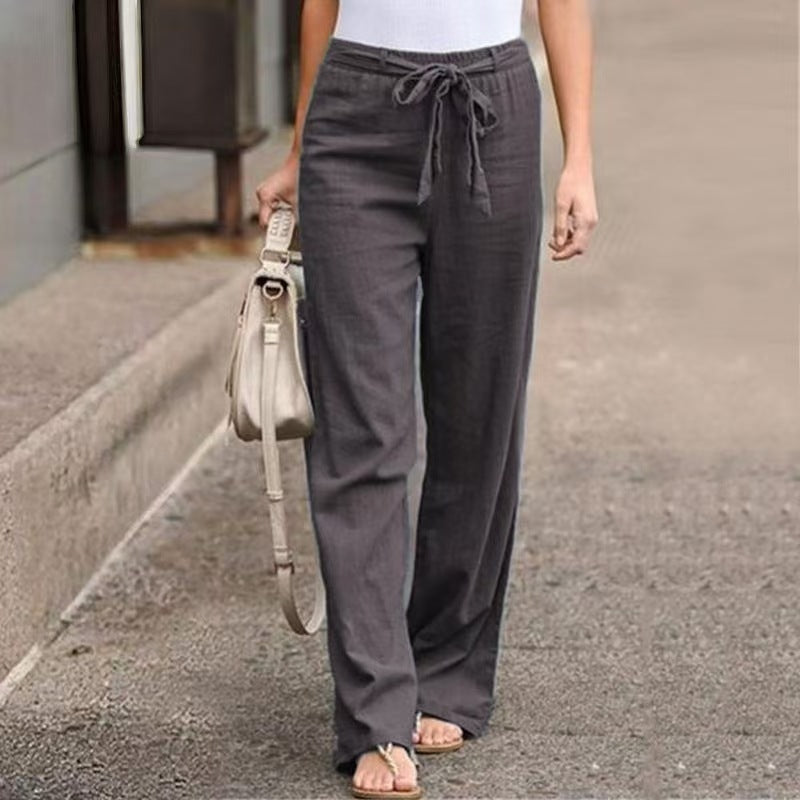 Pantalon large de lounge pour femmes avec taille élastique haute et cordon décoratif
