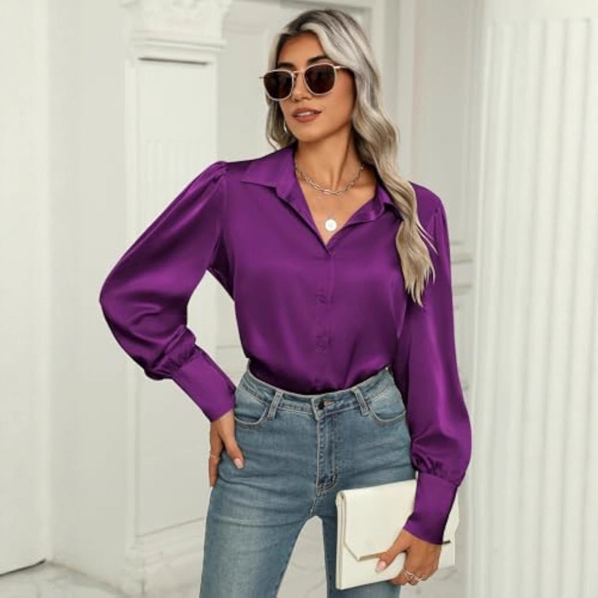 Blouse en satin pour femmes avec col chemise, patte de boutonnage cachée et manches longues