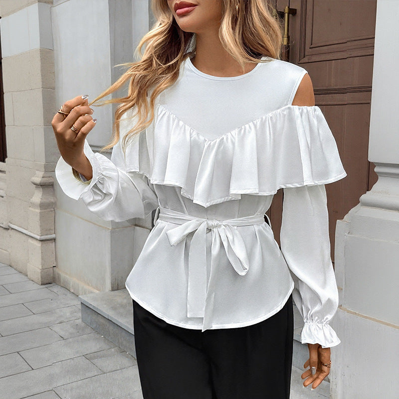 Blouse Élégante à Volants pour Femmes avec Épaules Dégagées et Ceinture à Nouer Echoarchiv