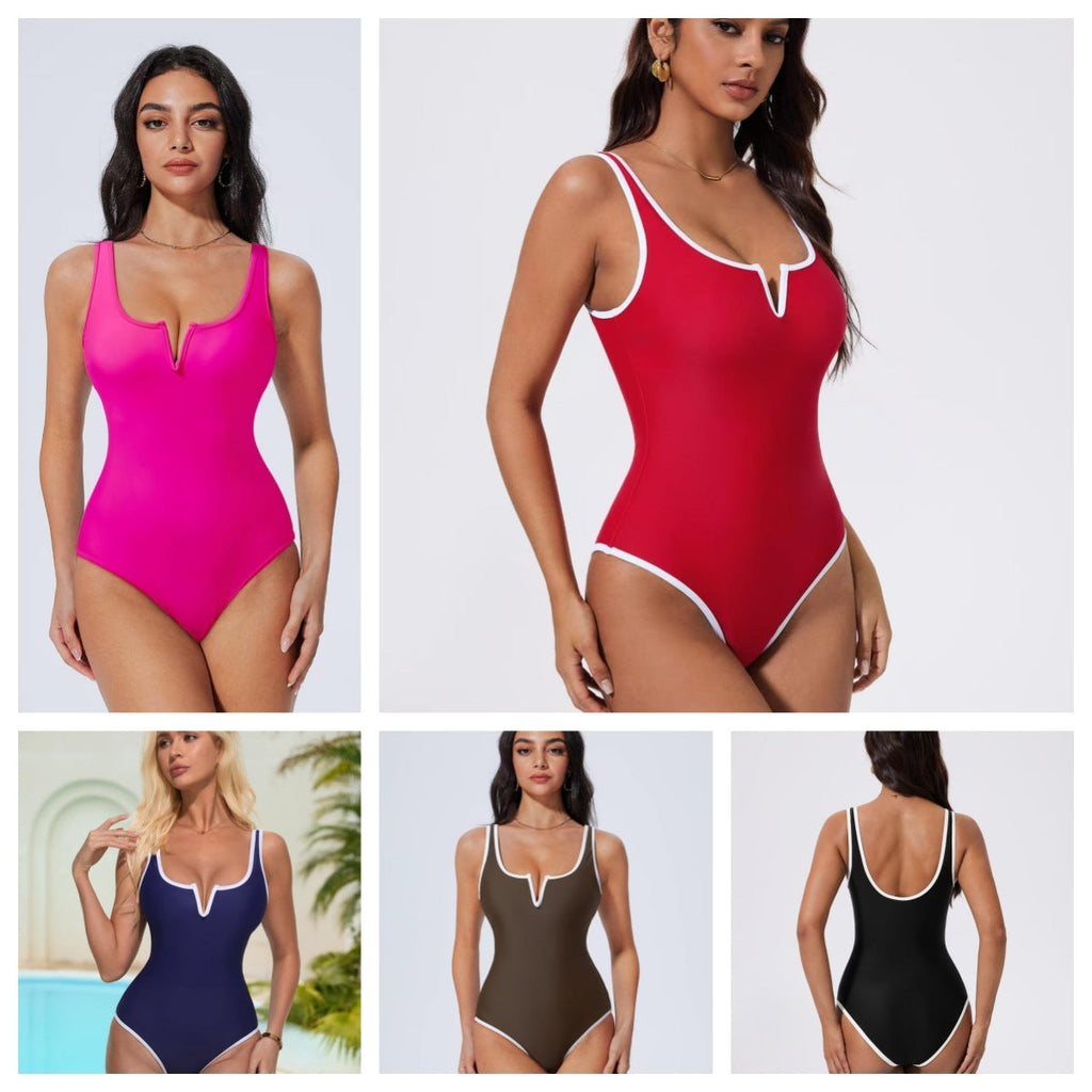 Maillot de bain une pièce sportif pour femmes avec décolleté en V profond et détails contrastants Drune