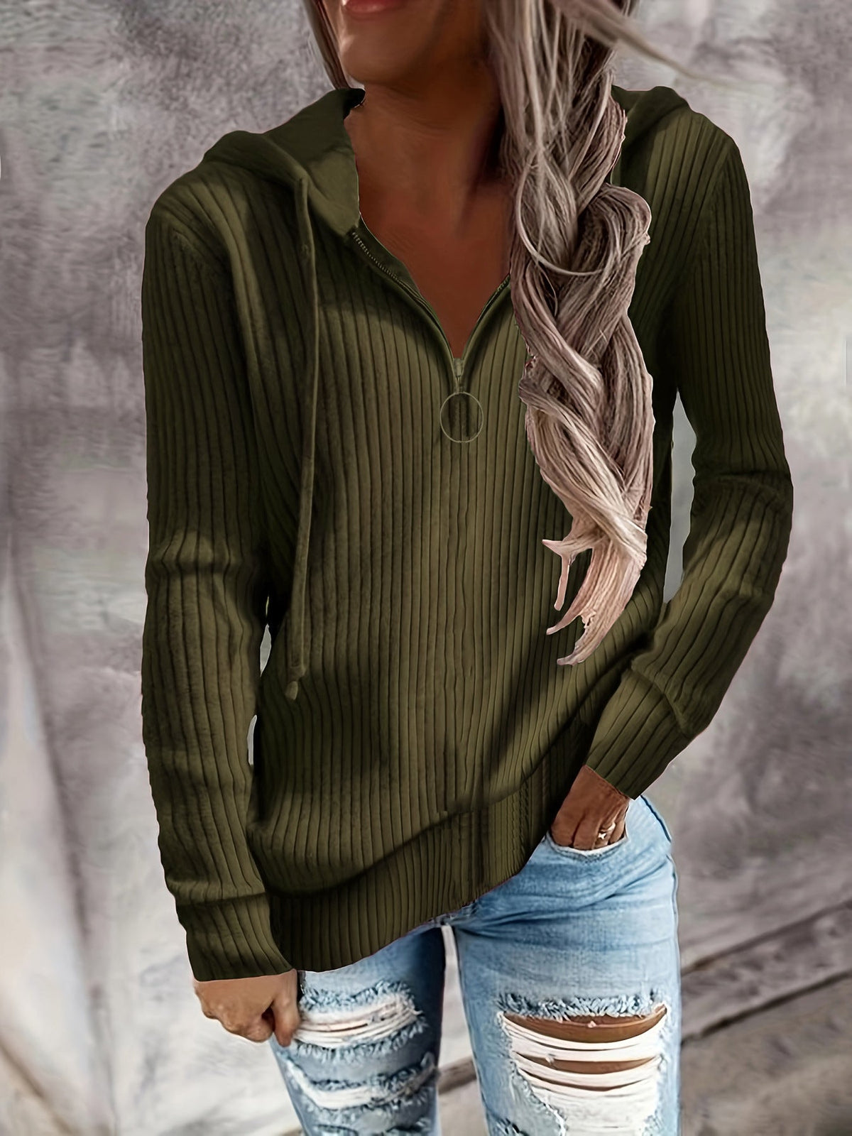 Hoodie à col montant en tricot côtelé pour femmes avec fermeture éclair mi-haute et tirette en anneau Echoarchiv