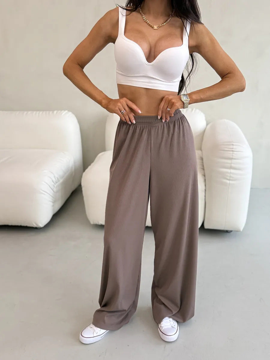 Pantalon Palazzo large taille haute pour femmes en jersey côtelé avec taille élastique Echo Archive
