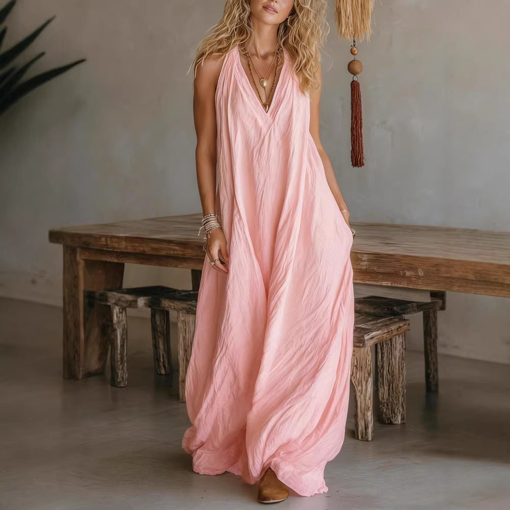 Robe Maxi Décontractée pour Femmes avec Coupe Asymétrique et Décolleté en V de R&B