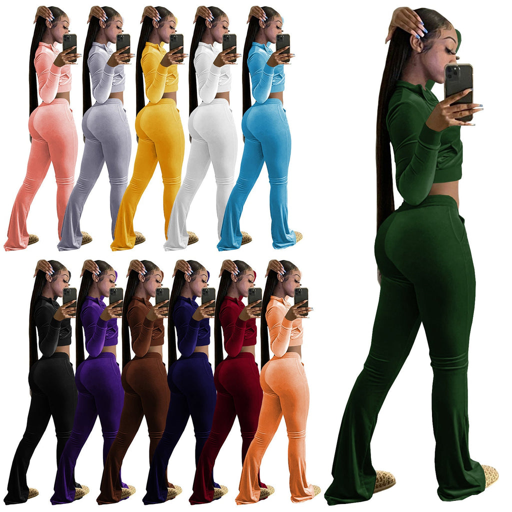 Ensemble Lounge en Velours à Deux Pièces pour Femmes avec Sweat à Capuche à Fermeture Éclair Courte et Pantalons Palazzo Évasés EB