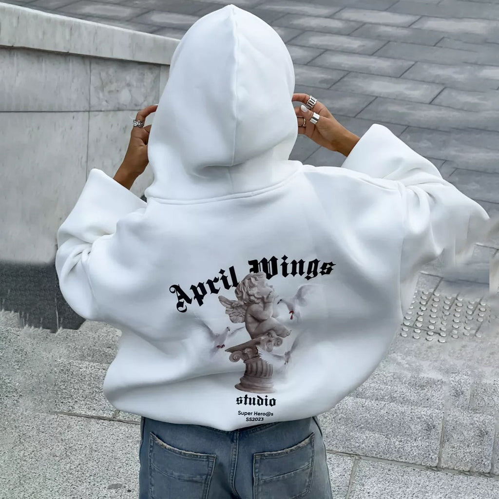Sweat à capuche oversized pour femmes avec impression d'ange et impression artistique au dos