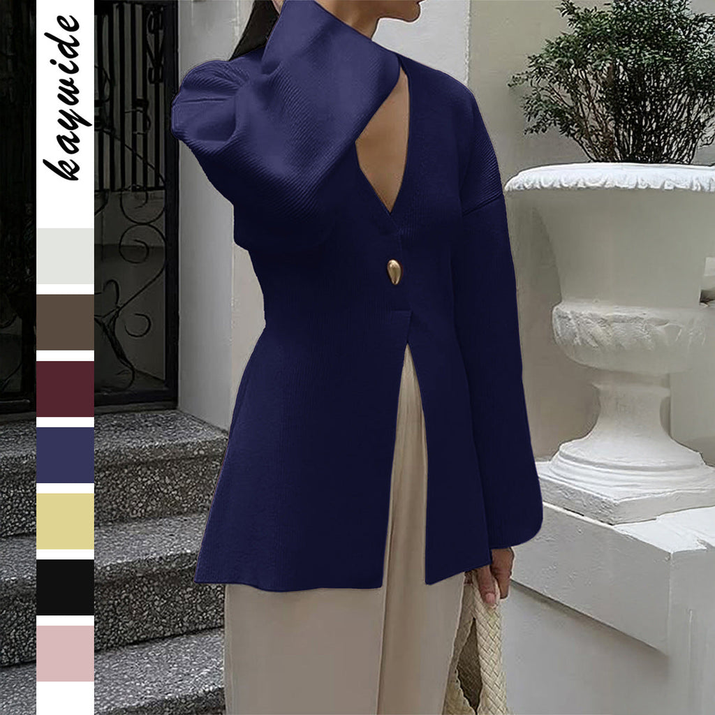 Cardigan fin ajusté pour dames avec décolleté en V, bouton décoratif et fente frontale Echo Archiv