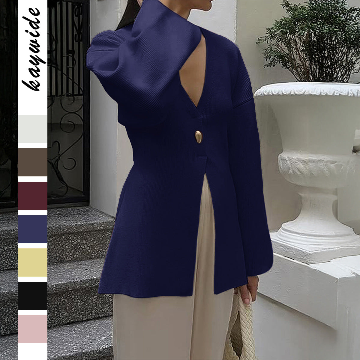 Cardigan fin ajusté pour dames avec décolleté en V, bouton décoratif et fente frontale Echo Archiv