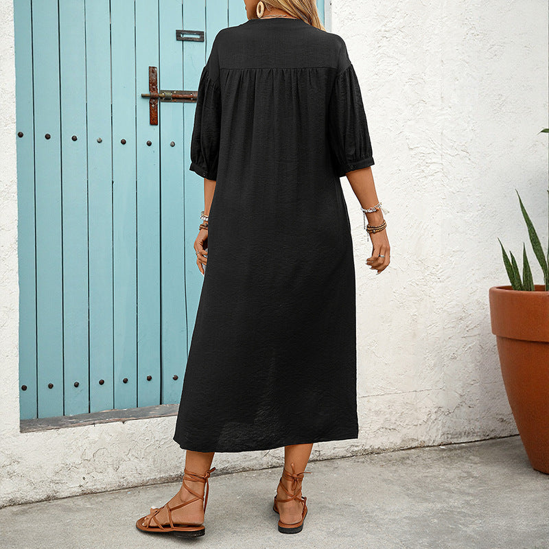 Robe chemise brodée pour femmes en A avec patte de boutonnage et manches ballon 3/4 Echoarchiv