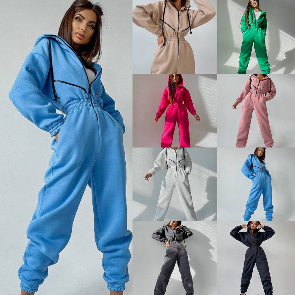 Combinaison ajustée à capuche pour femmes avec taille élastique et fermetures éclair contrastées marquantes Echo Archive