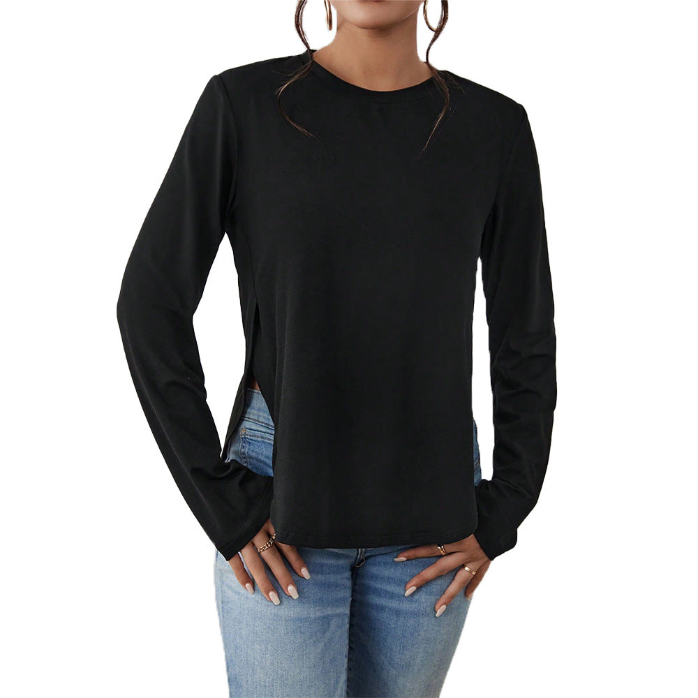 T-shirt à manches longues pour femmes avec fentes latérales, col rond et coupe décontractée