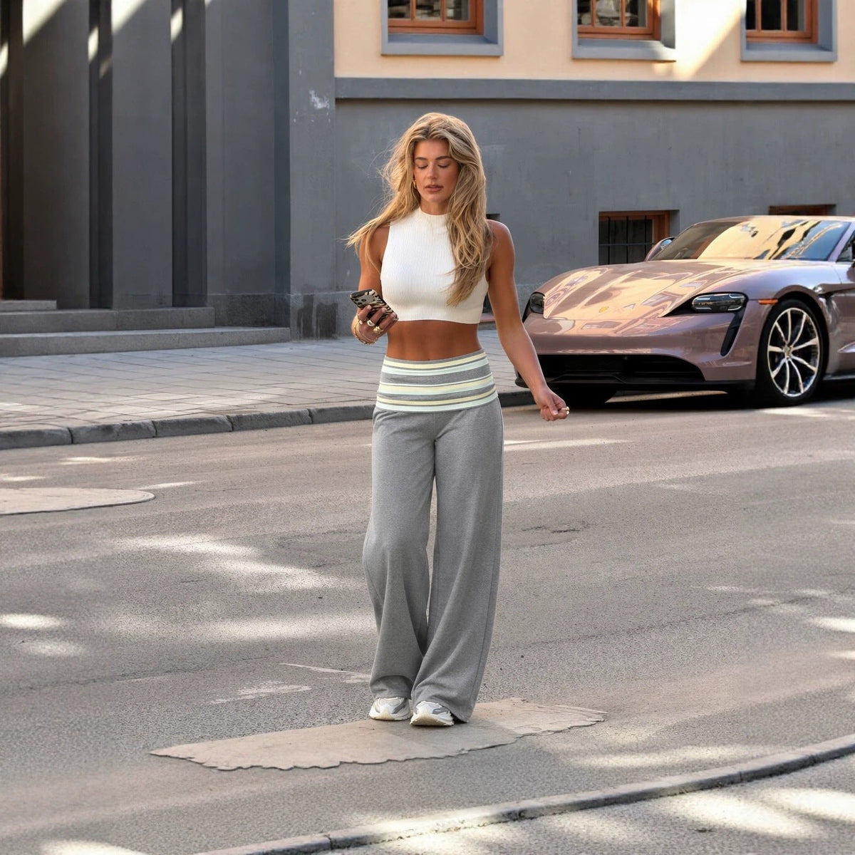 Pantalon lounge large à taille haute pour femmes avec ceinture plissée et qualité jersey fluide Echo Archiv