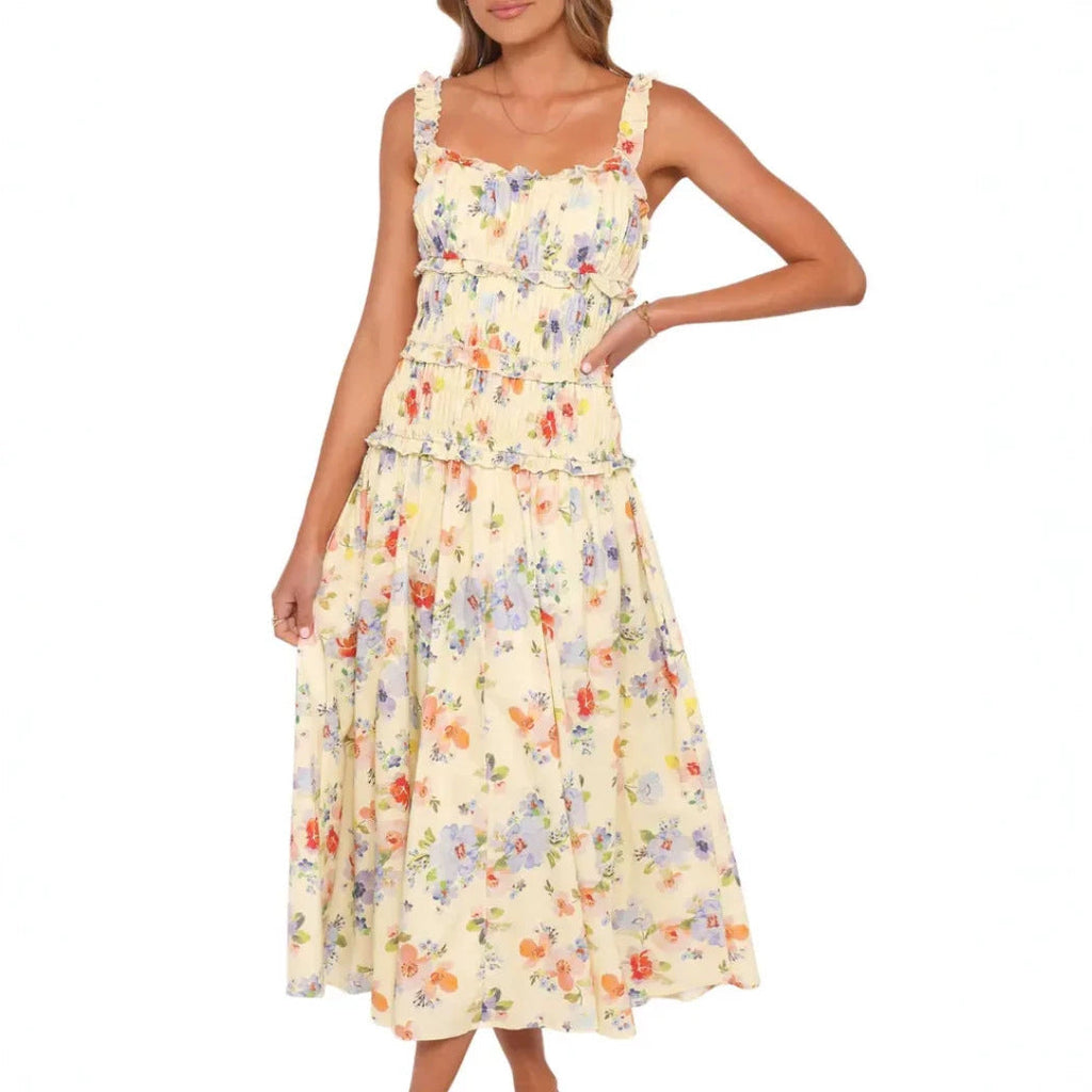 Robe midi à volants légère et aérée pour femmes avec haut froncé et bretelles à volants R&B