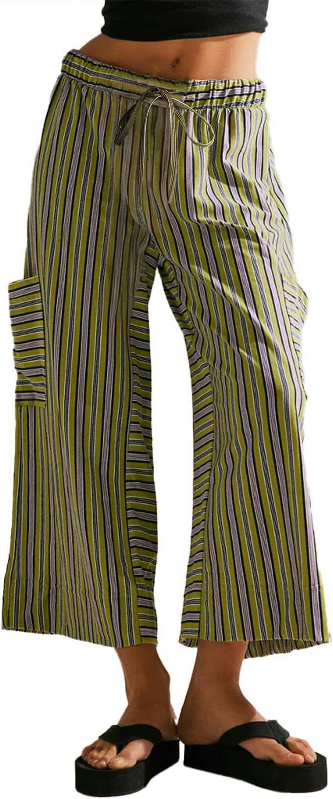 Pantalon de jogging large à rayures pour femmes avec cordon de serrage et poches latérales Echoarchiv
