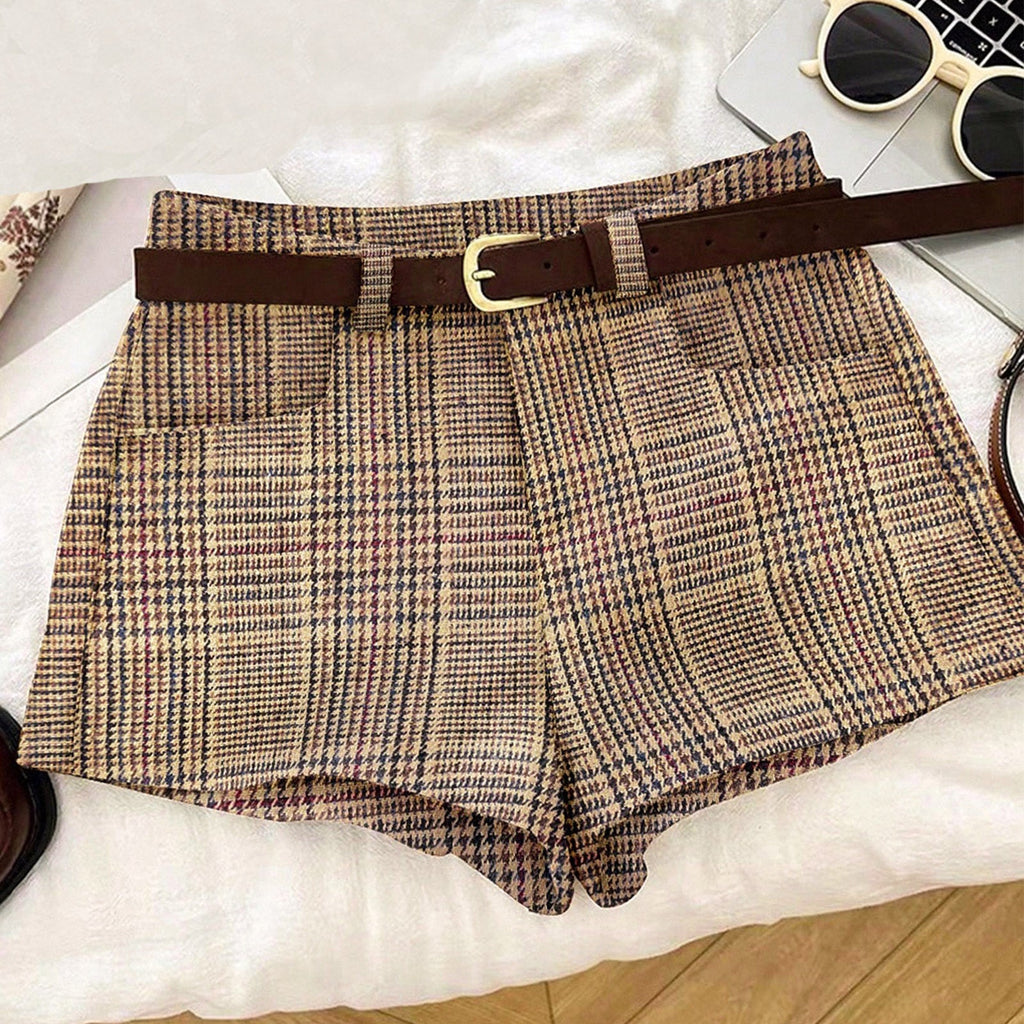Shorts à carreaux pour femmes avec passants de ceinture R&B