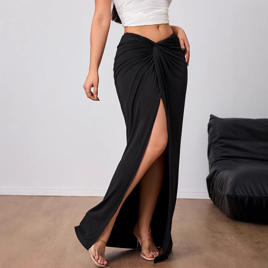 Jupe maxi femme avec nœud twist et fente latérale taille haute en jersey élastique