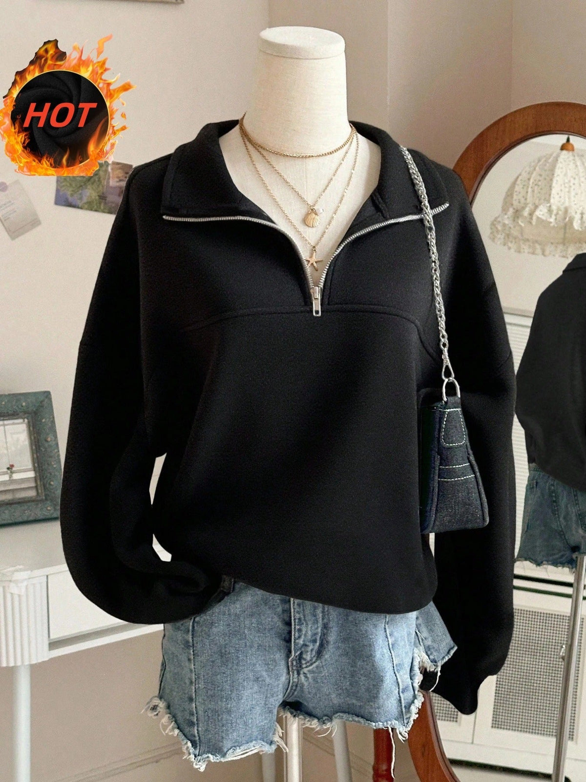 Sweatshirt oversize pour femmes avec demi-fermeture éclair, col montant et manches ballon Echo Archiv