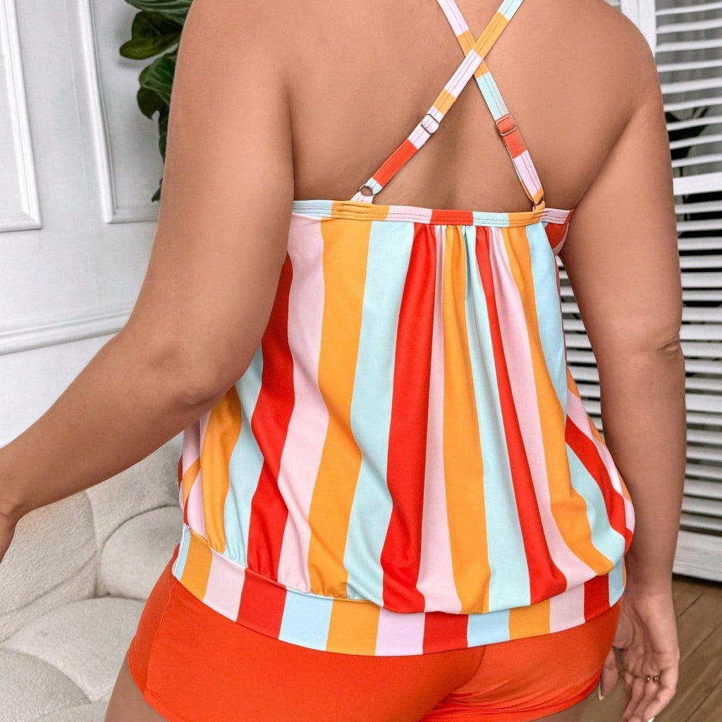 Ensemble Tankini Relaxed pour Femmes avec Haut Rayé et Shorts Confortables Drune
