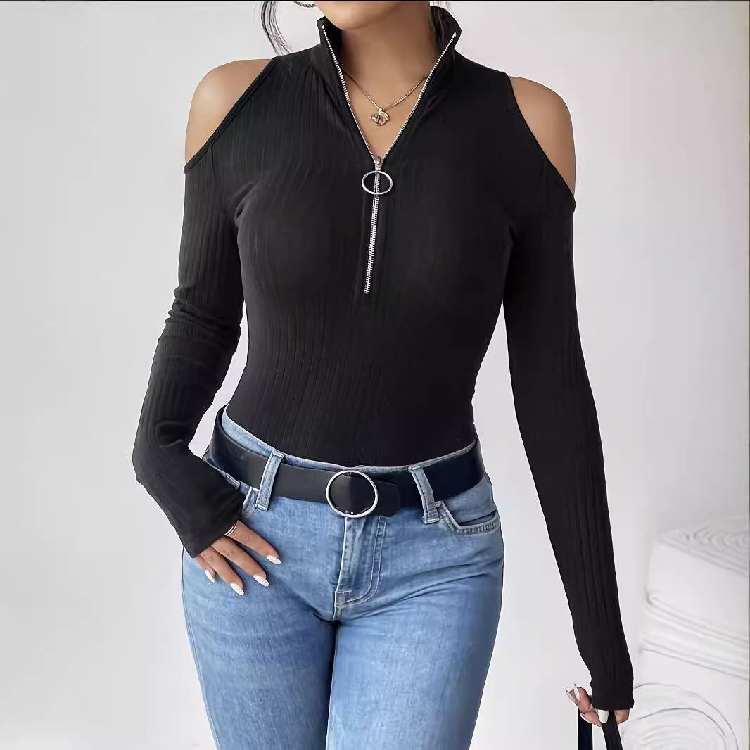 Top en tricot côtelé ajusté pour femmes avec décolleté épaule, col montant et fermeture éclair à anneau R&B