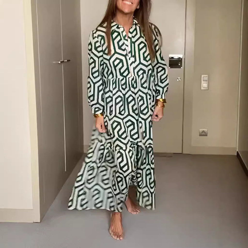 Robe à volants avec col chemise pour femme, imprimé géométrique en allover et taille froncée R&B