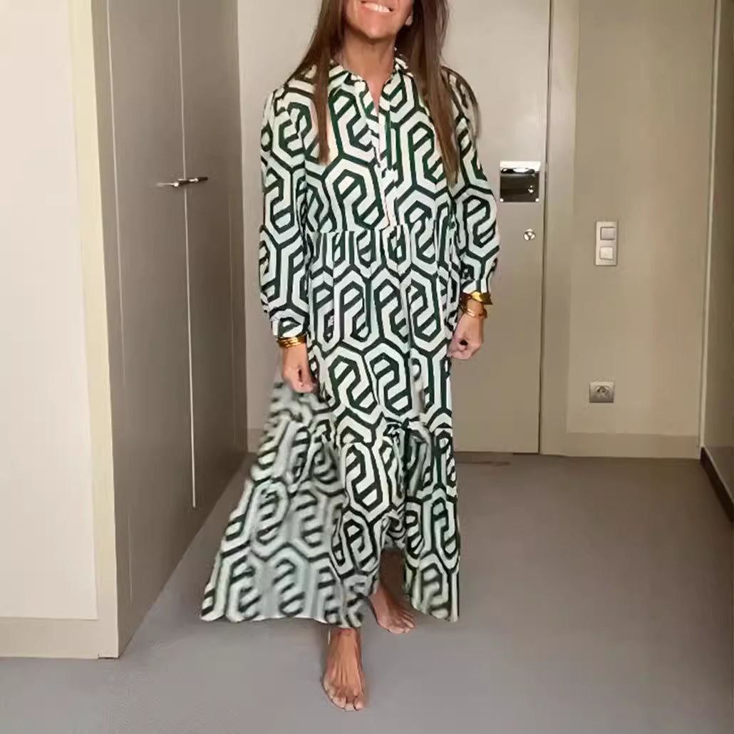 Robe à volants avec col chemise pour femme, imprimé géométrique en allover et taille froncée R&B