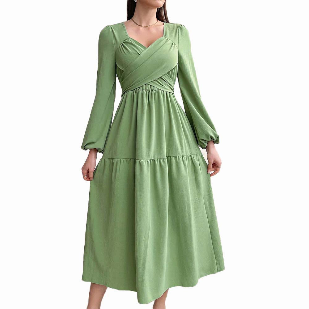 Robe midi à manches longues pour femmes avec bustier drapé croisé, couture élastique sous la poitrine et jupe à volants en deux niveaux