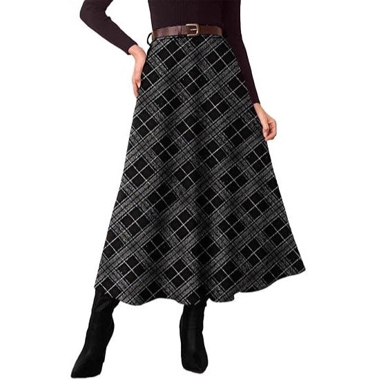 Jupe midi à carreaux en A pour femmes avec taille haute et poches latérales