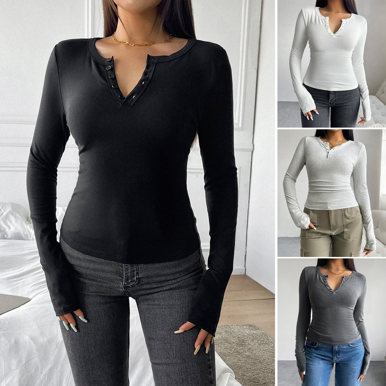 T-shirt Henley ajusté à manches longues pour femmes en jersey stretch Echo Archiv
