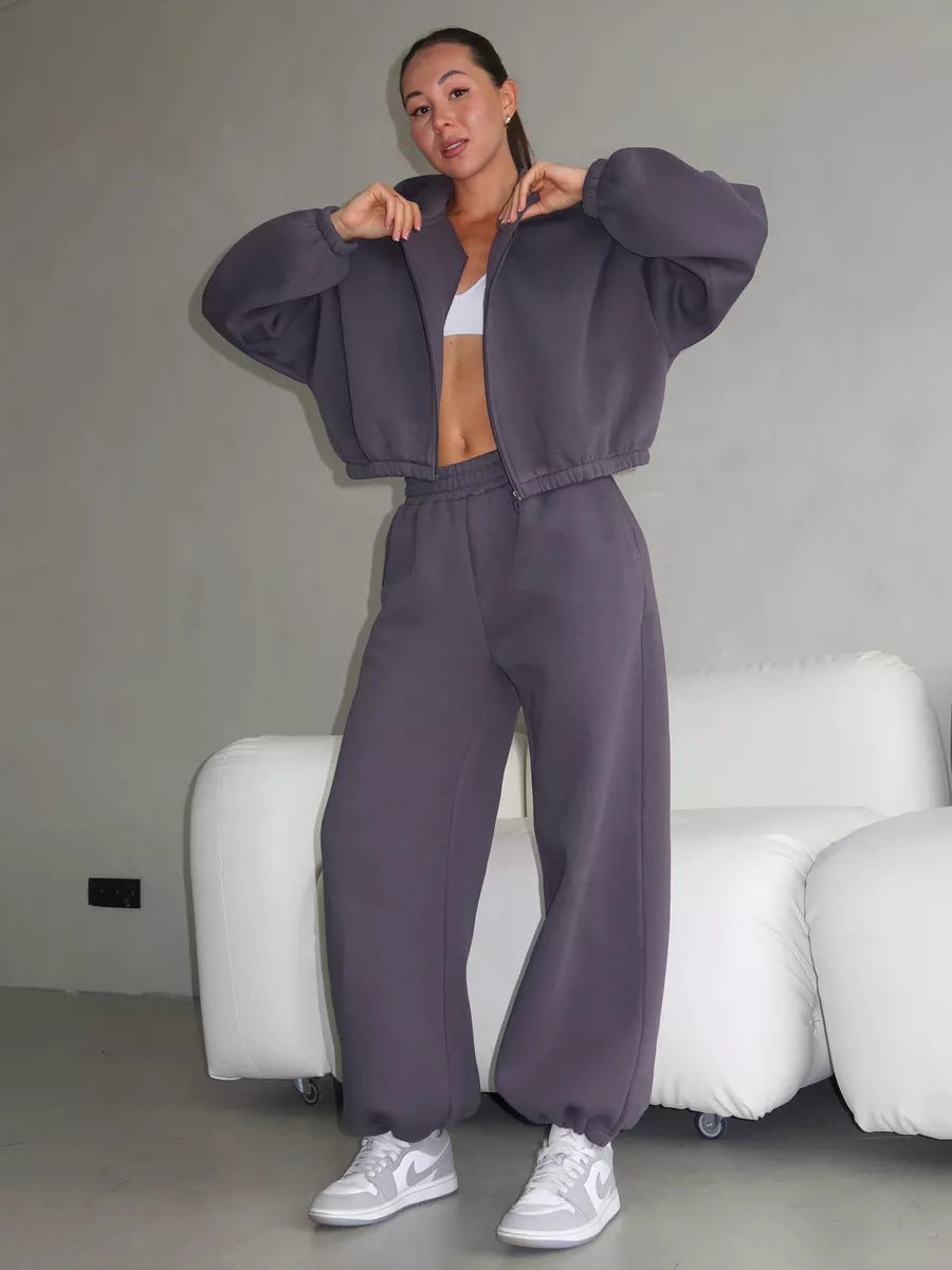 Ensemble de survêtement oversize pour femmes avec bomber à fermeture éclair et pantalon de jogging taille haute