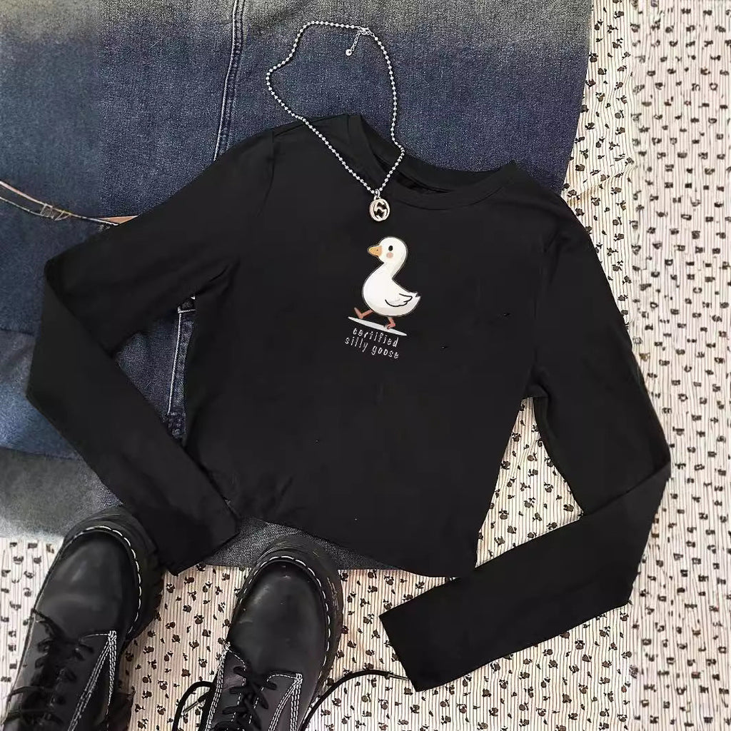 T-shirt à manches longues ajusté pour femmes avec un joli motif de canard, col rond et léger stretch Echo Archiv