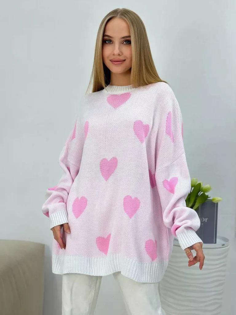 Pull en tricot oversize pour femmes avec motif en cœur, bords côtelés et silhouette ample Echoarchiv