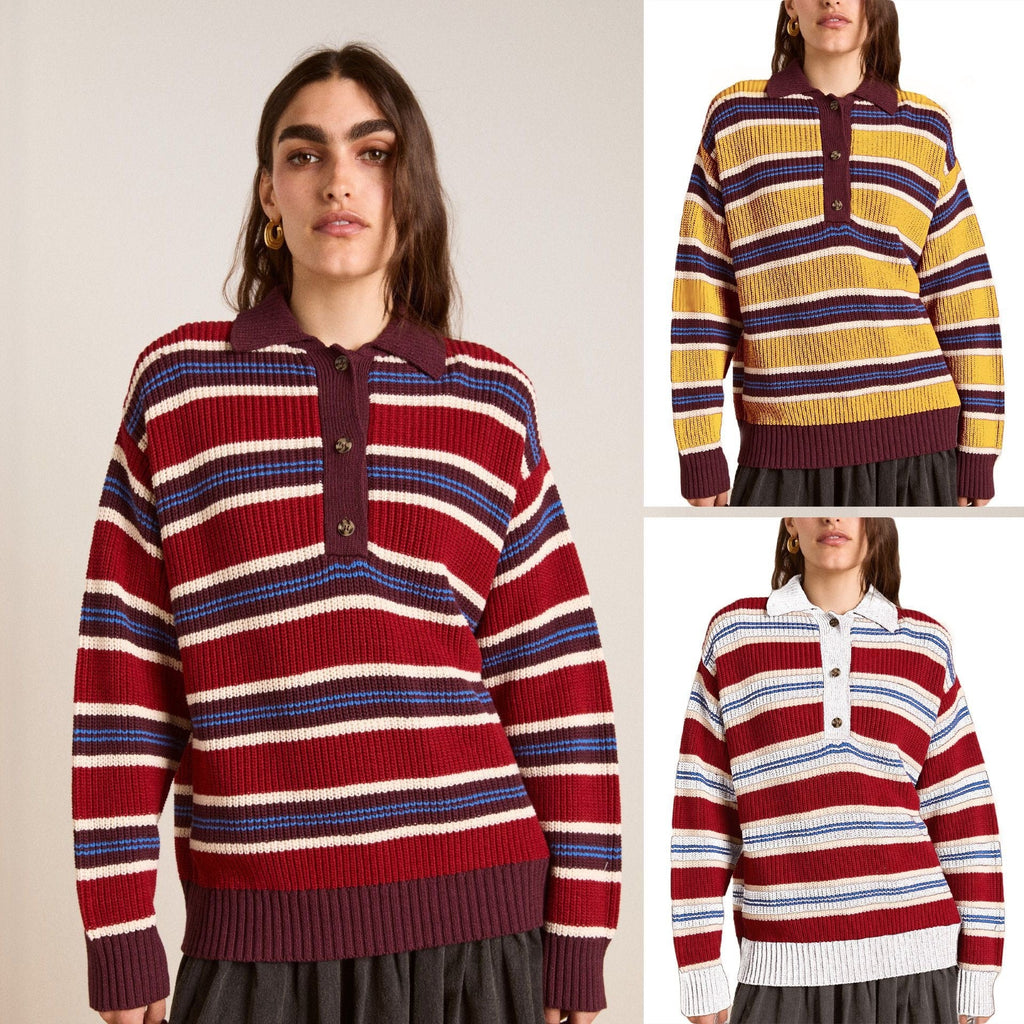 Pull en tricot oversize pour femmes avec col polo et relief à rayures multistrates Echoarchiv