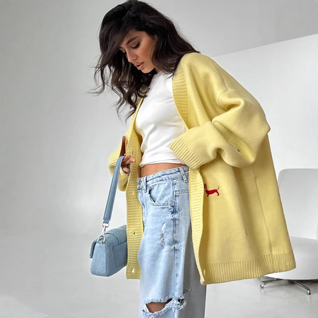 Cardigan en tricot oversized pour femmes avec motifs de teckels brodés Echo Archiv
