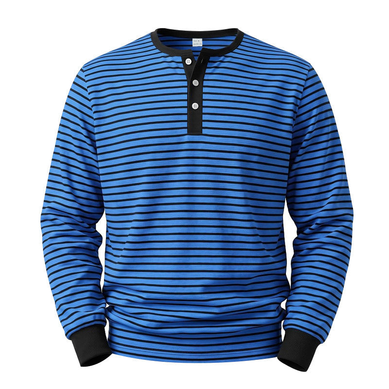 Chemise Henley à manches longues pour hommes en mélange de coton avec de fines rayures et patte de boutonnage Echoarchiv