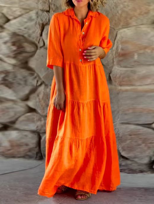 Robe maxi à volants en mélange de lin d'été pour femmes avec col chemise, taille froncée et manches mi-longues R&B