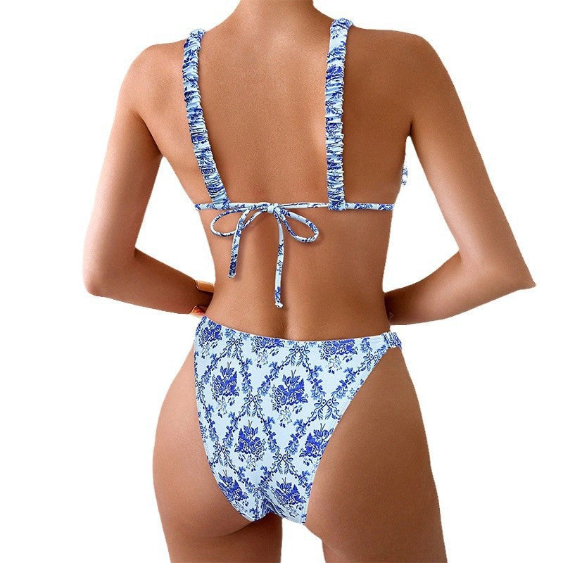 Bikini brésilien taille haute pour femmes avec détails en volants floraux R&B