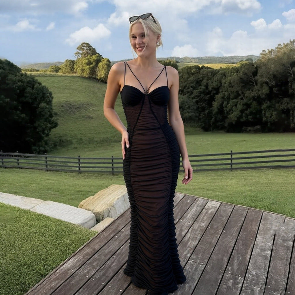 Robe maxi élégante pour femmes avec des détails de volants raffinés et de fines bretelles spaghetti Heidi-Mode