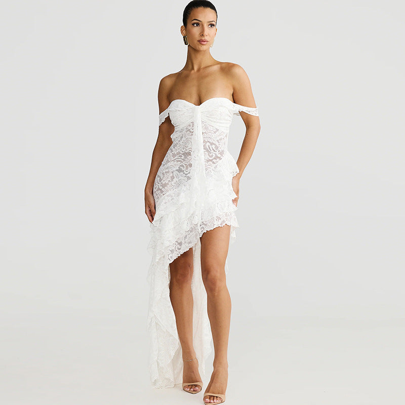 Robe asymétrique en dentelle pour femmes avec détails en volants R&B