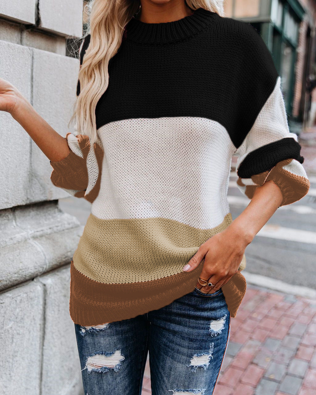 Pull en grosse maille à blocs de couleurs pour femmes avec col à côtes hautes et coupe oversize Echoarchiv