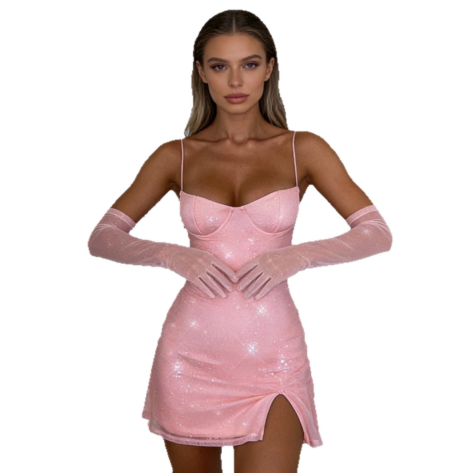 Robe Mini Femme Séduisante avec Paillettes et Bretelles R&B
