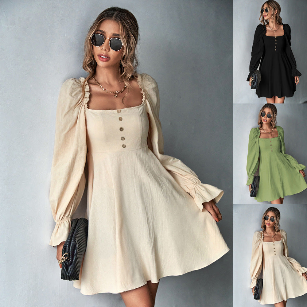 Robe A-ligne romantique pour femmes avec manches bouffantes, décolleté carré et silhouette cintrée