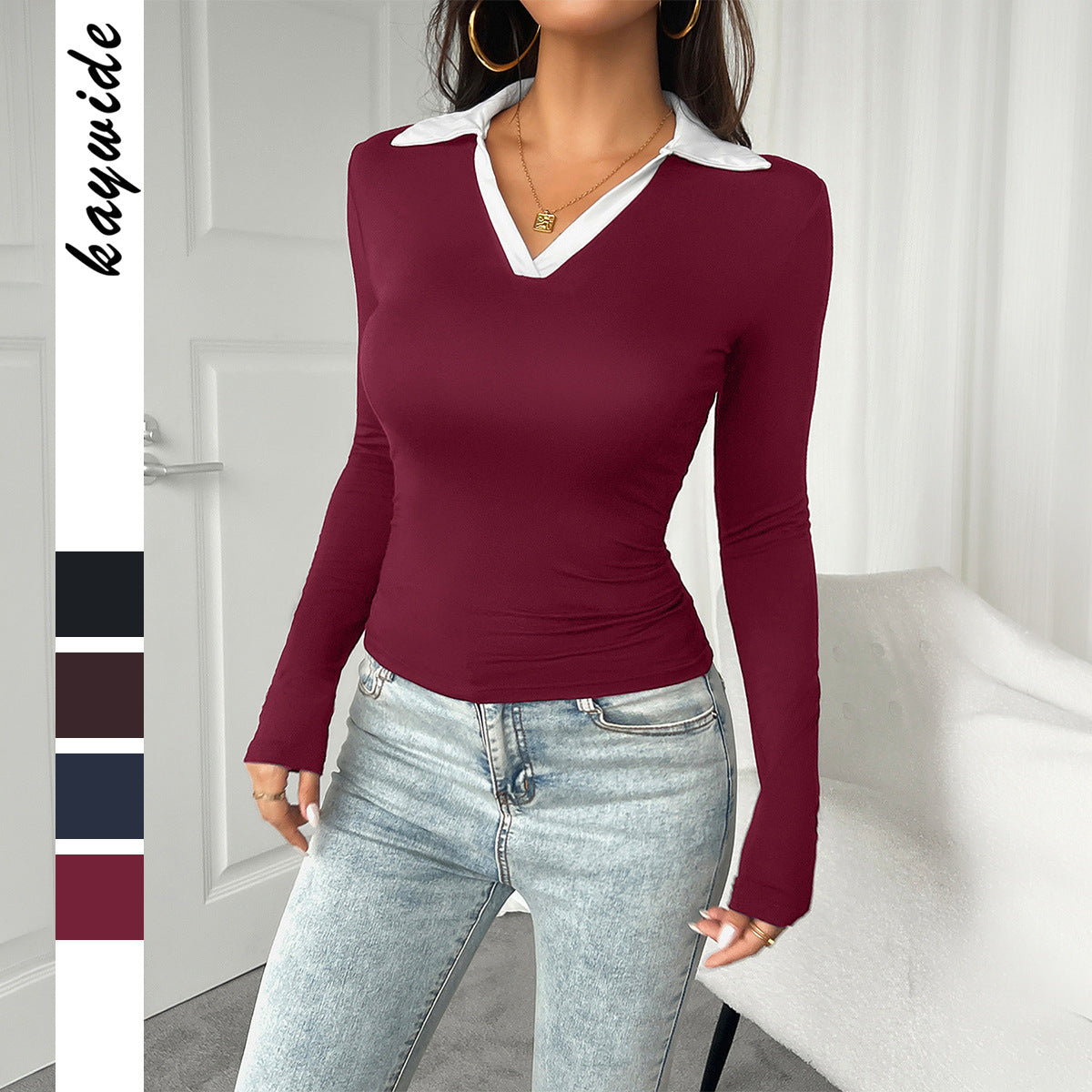 T-shirt long ajusté pour femmes avec col polo contrasté et décolleté en V profond Echo Archiv