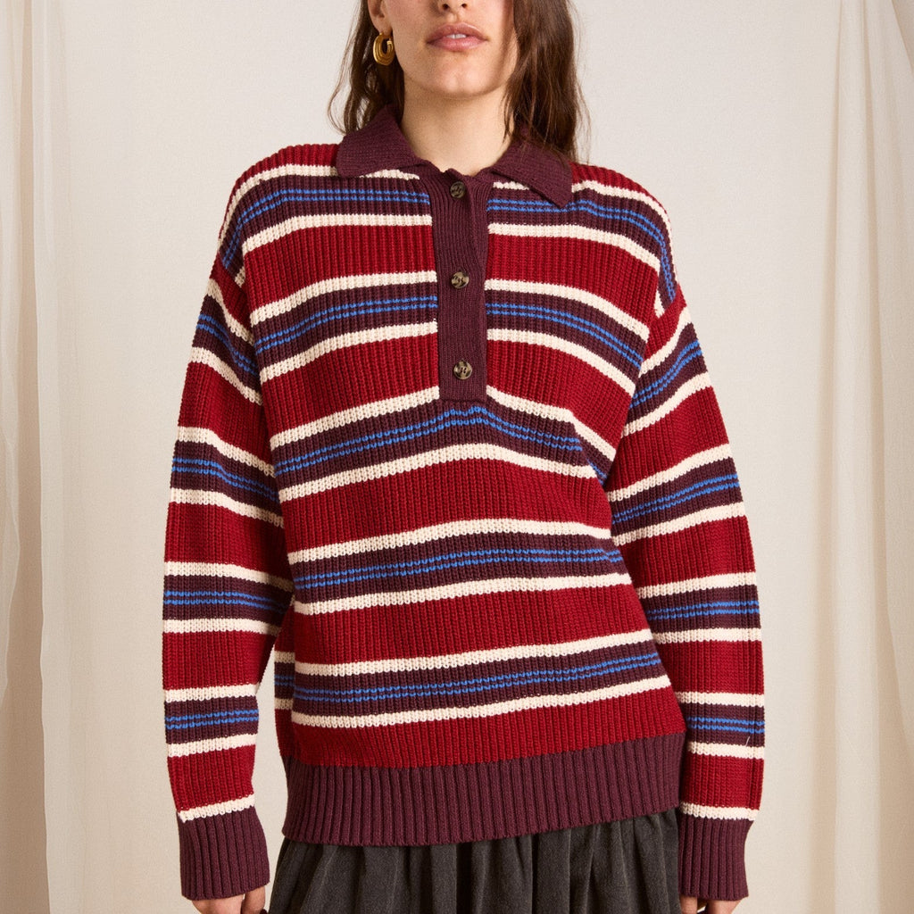 Pull en tricot oversize pour femmes avec col polo et relief à rayures multistrates Echoarchiv