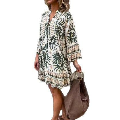 Tunique en viscose légère pour femmes avec patte de boutonnage, taille empire froncée, poignets élastiques et volants R&B