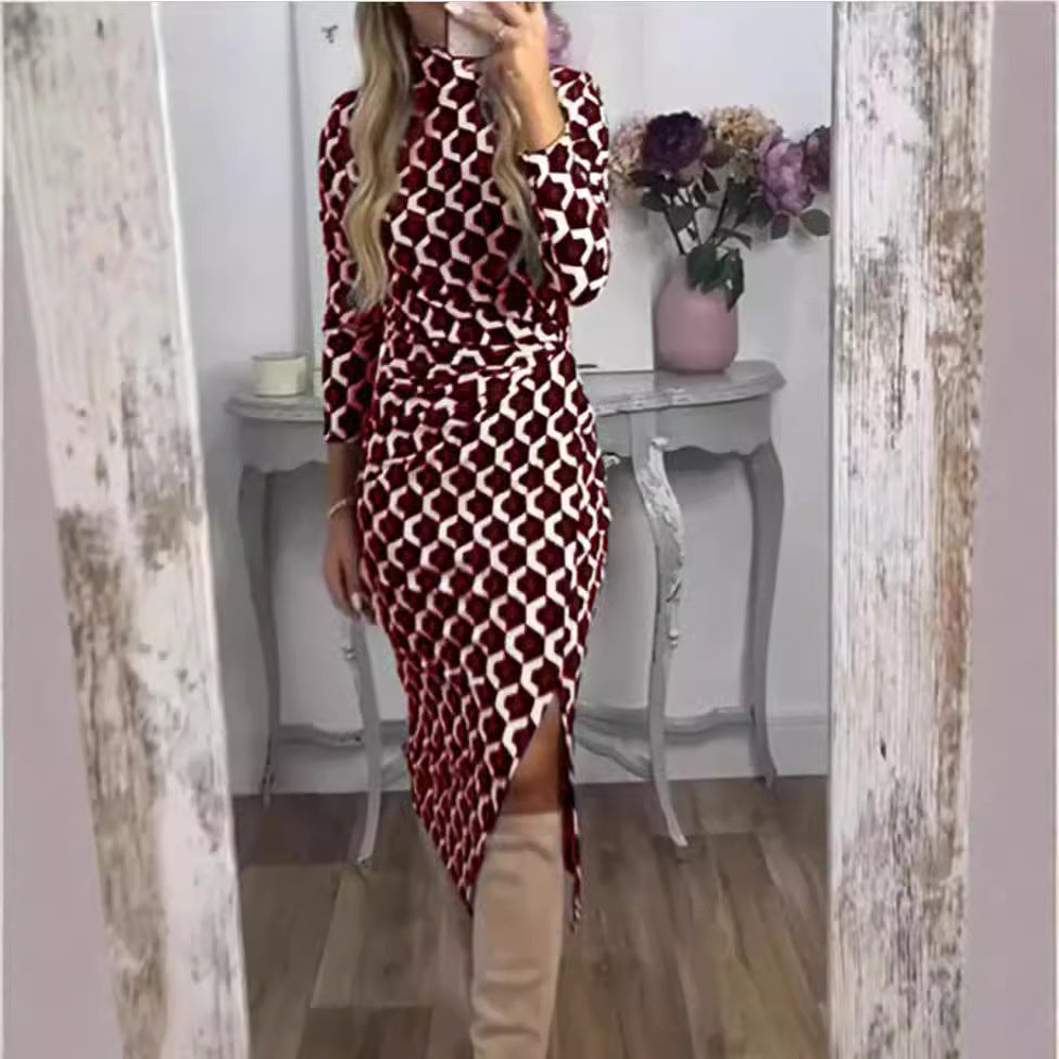 Robe midi ajustée pour femmes avec motif géométrique en nid d'abeille, col montant et fente latérale Echoarchiv