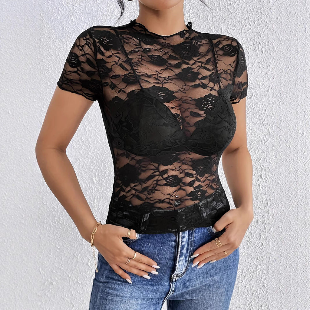 Débardeur en dentelle courte pour femmes avec dentelle ajourée florale, col montant et bustier intégré R&B