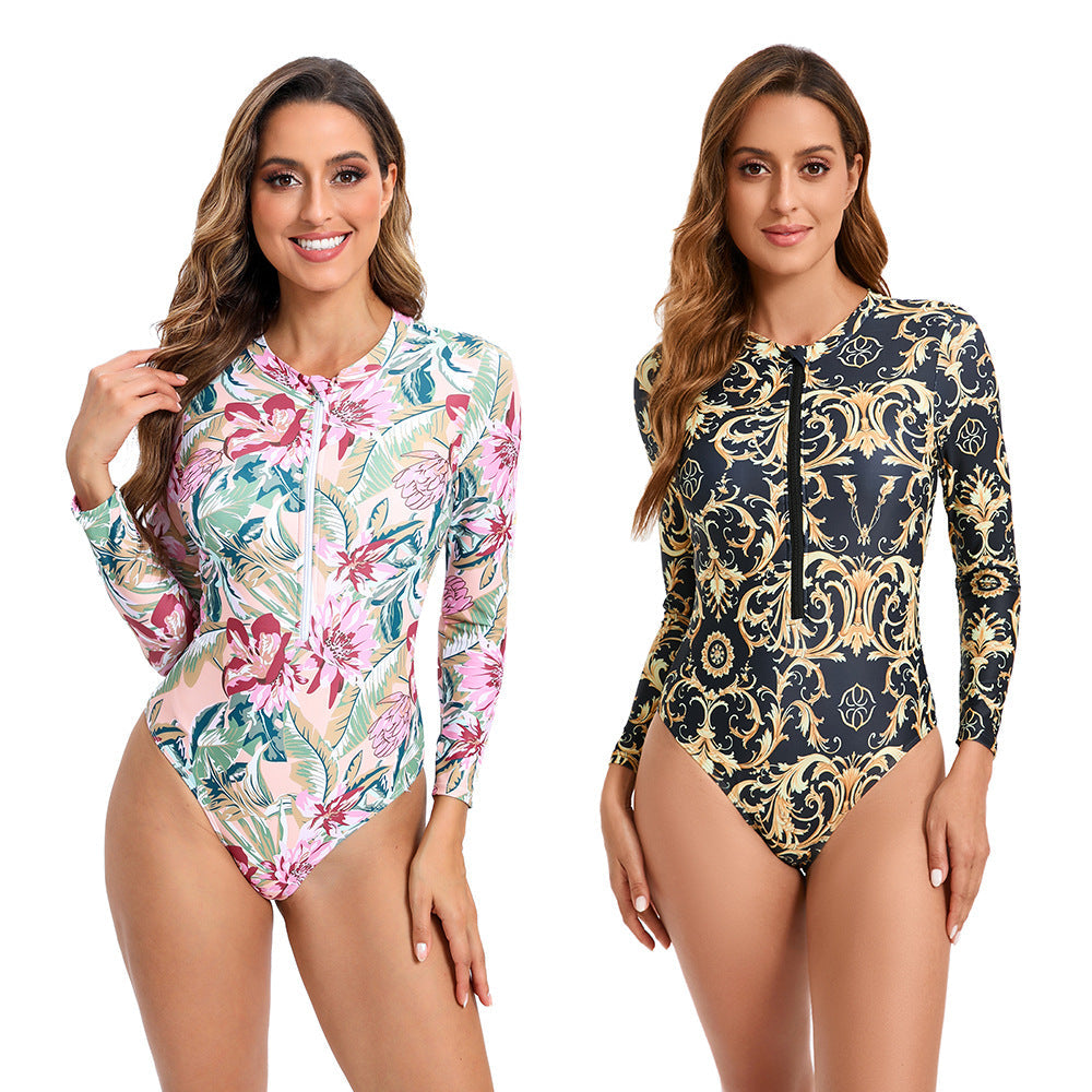 Maillot de bain long à manches pour femmes avec fermeture éclair et motifs élégants Drune