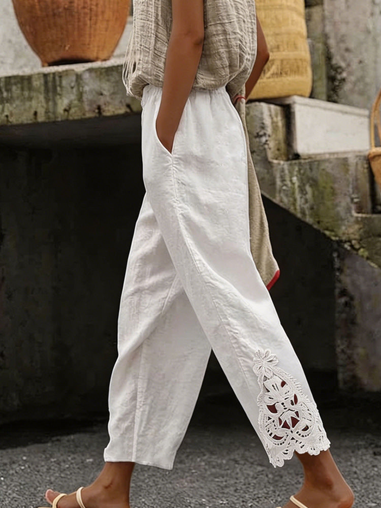 Pantalon en lin élégant pour femmes avec délicate dentelle R&B