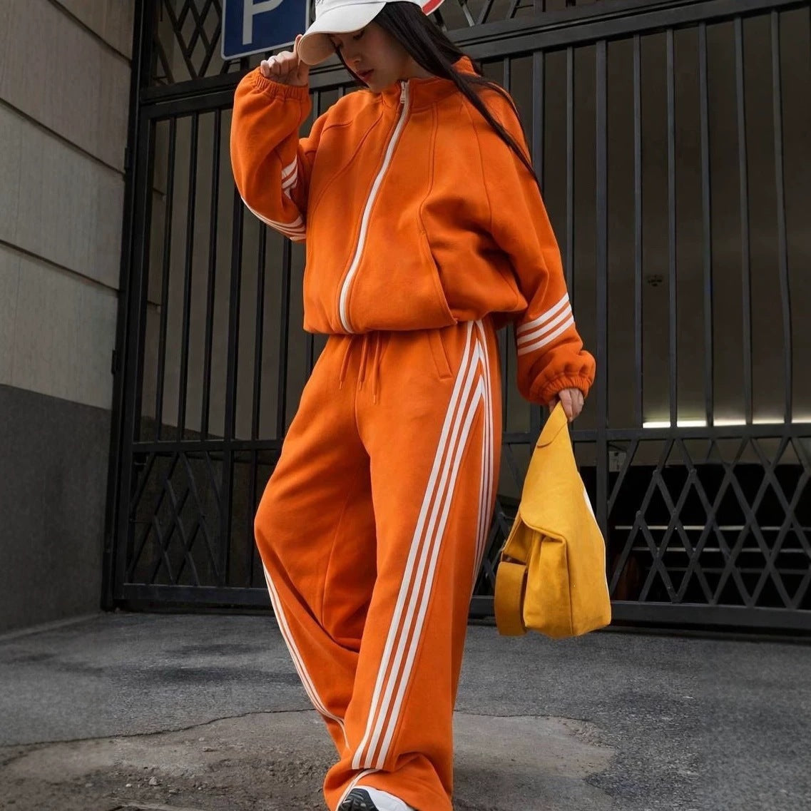Ensemble de jogging ample pour femmes en polaire de coton avec fermeture éclair et bandes contrastées latérales Echoarchiv