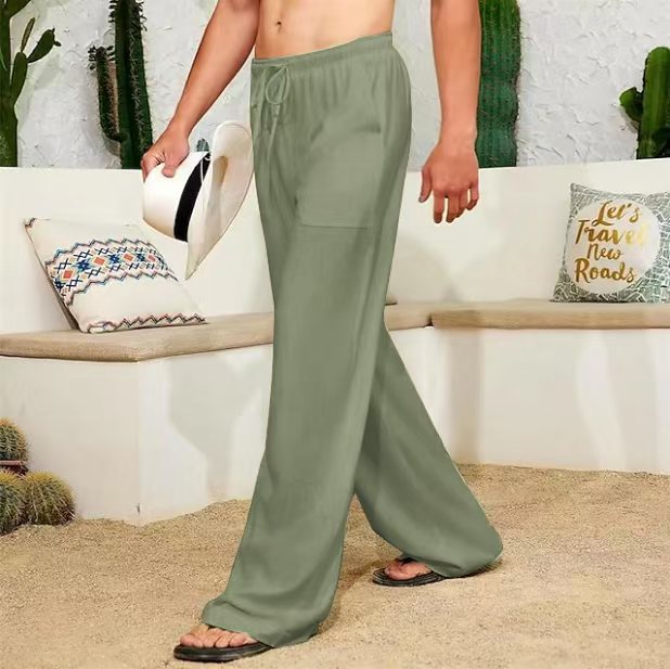 Pantalon large en lin pour hommes avec cordon de serrage, poches latérales plaquées et coupe Relaxed-Fit Echo Archiv